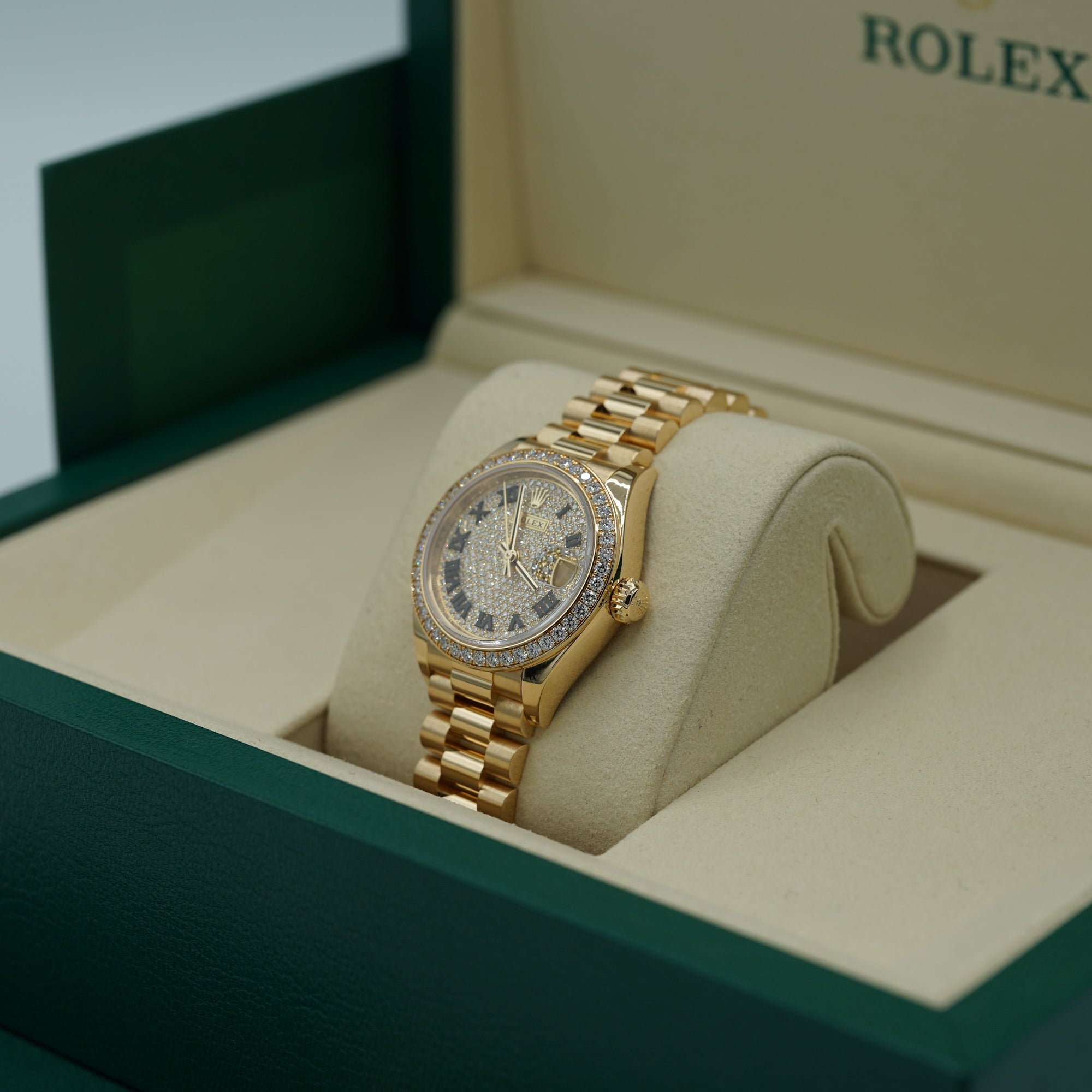 Rolex Oyster 28 mm Diamond-Paved Dial 18k Yellow Gold President Bracelet 279138rbr-0029 - WATCHXNYC