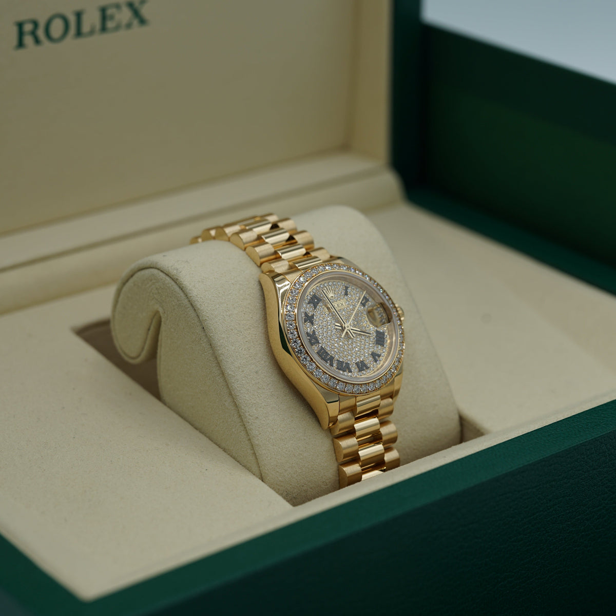 Rolex Oyster 28 mm Diamond-Paved Dial 18k Yellow Gold President Bracelet 279138rbr-0029 - WATCHXNYC