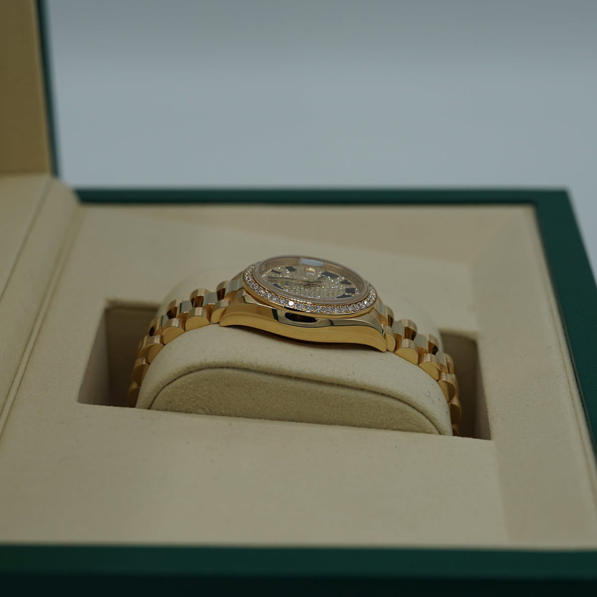 Rolex Oyster 28 mm Diamond-Paved Dial 18k Yellow Gold President Bracelet 279138rbr-0029 - WATCHXNYC