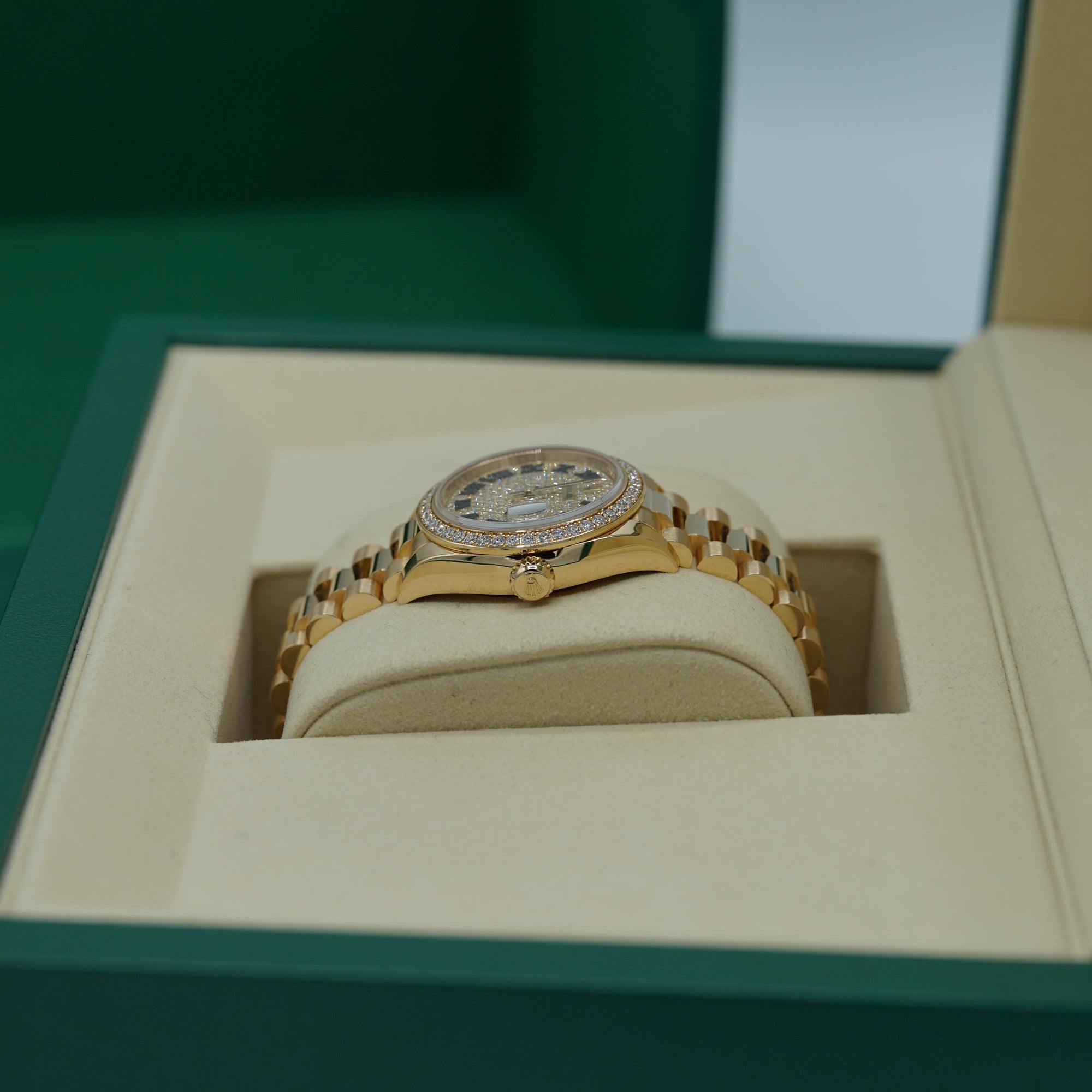 Rolex Oyster 28 mm Diamond-Paved Dial 18k Yellow Gold President Bracelet 279138rbr-0029 - WATCHXNYC