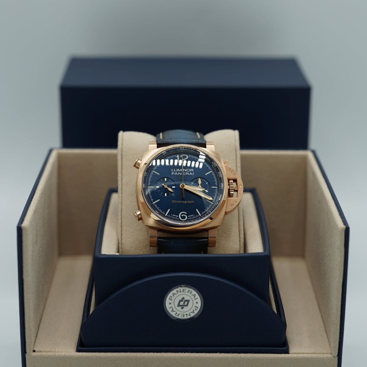 Panerai Luminor Chrono Goldtech™ 44 mm Blue Dial Panerai Goldtech   Dark Blue Leather Strap PAM01111 - WATCHXNYC