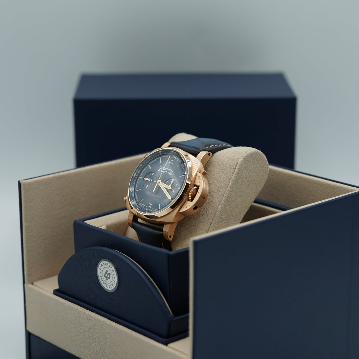 Panerai Luminor Chrono Goldtech™ 44 mm Blue Dial Panerai Goldtech   Dark Blue Leather Strap PAM01111 - WATCHXNYC