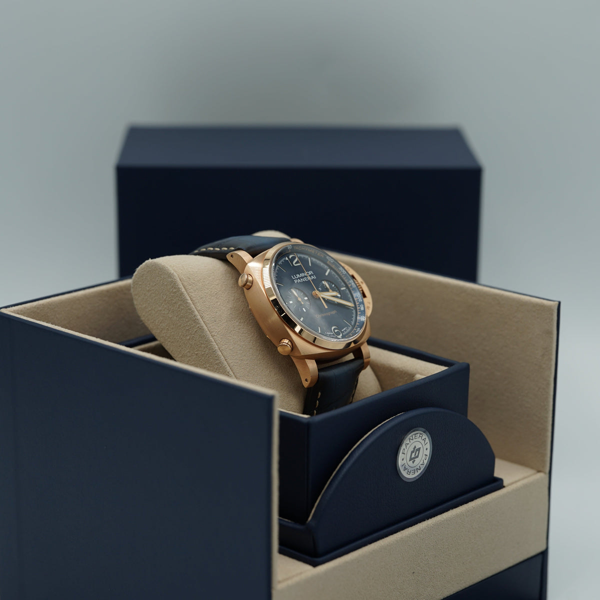 Panerai Luminor Chrono Goldtech™ 44 mm Blue Dial Panerai Goldtech   Dark Blue Leather Strap PAM01111 - WATCHXNYC