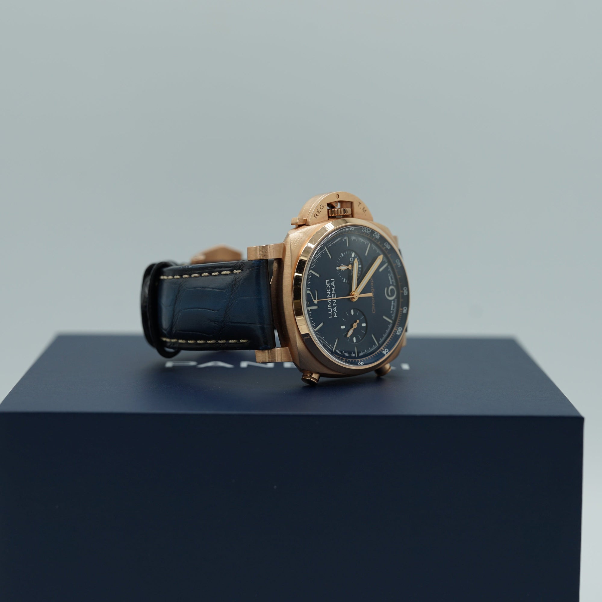Panerai Luminor Chrono Goldtech™ 44 mm Blue Dial Panerai Goldtech   Dark Blue Leather Strap PAM01111 - WATCHXNYC
