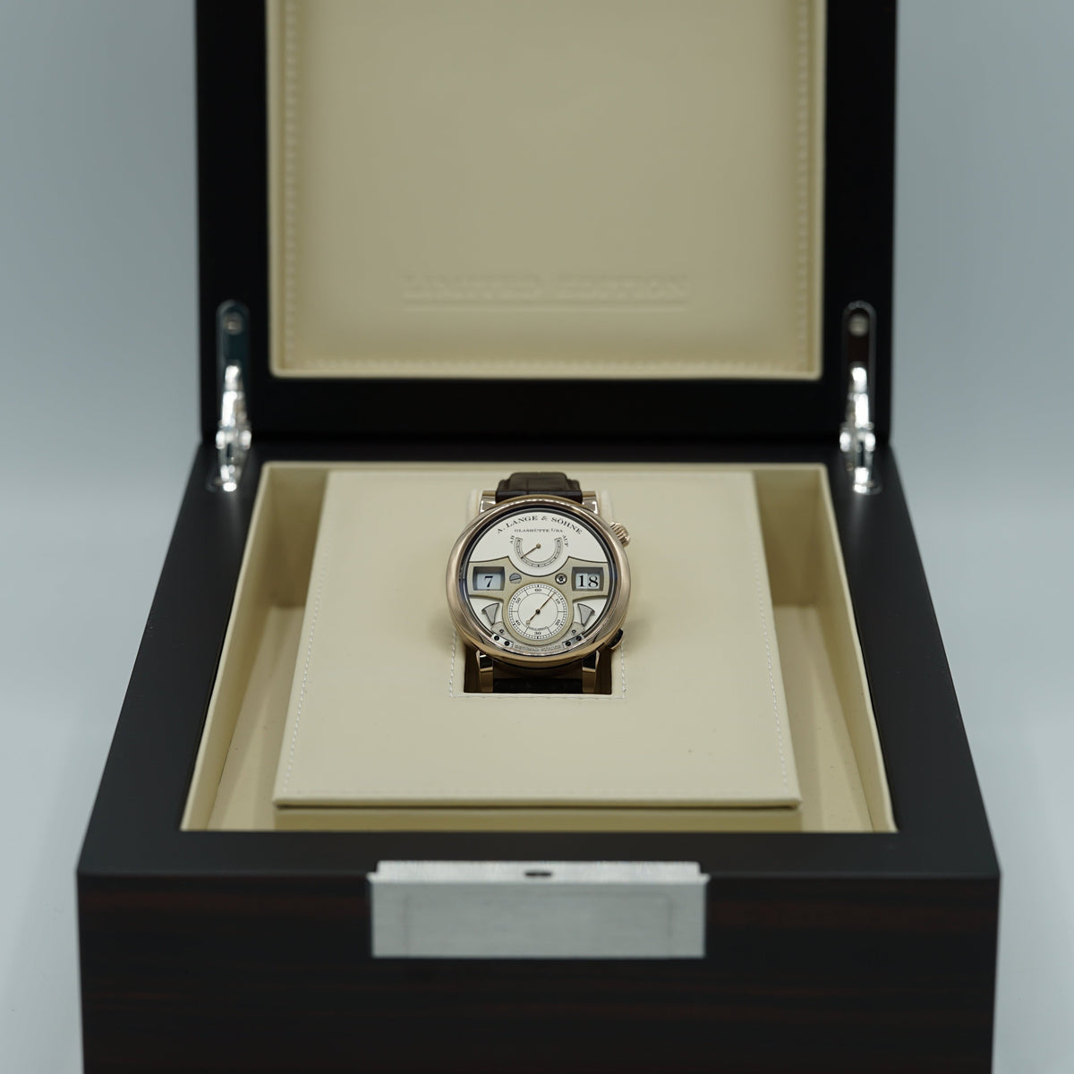 A. Lange & Sohne Zeitwerk Decimal Strike 44.2 mm Silver Dial 18k Honey Gold   Leather Strap 143.050 / LSLS1436AA - WATCHXNYC