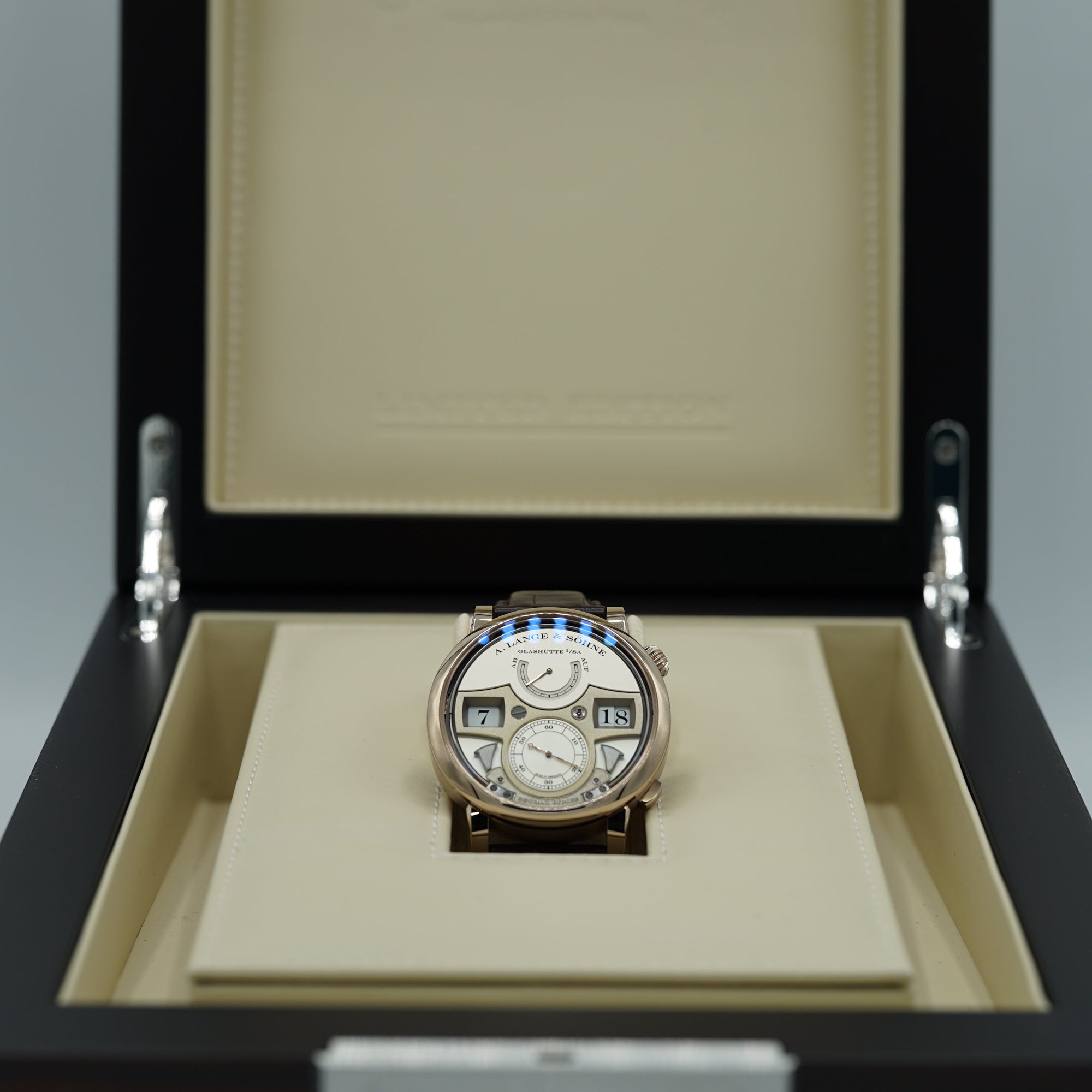 A. Lange & Sohne Zeitwerk Decimal Strike 44.2 mm Silver Dial 18k Honey Gold   Leather Strap 143.050 / LSLS1436AA - WATCHXNYC