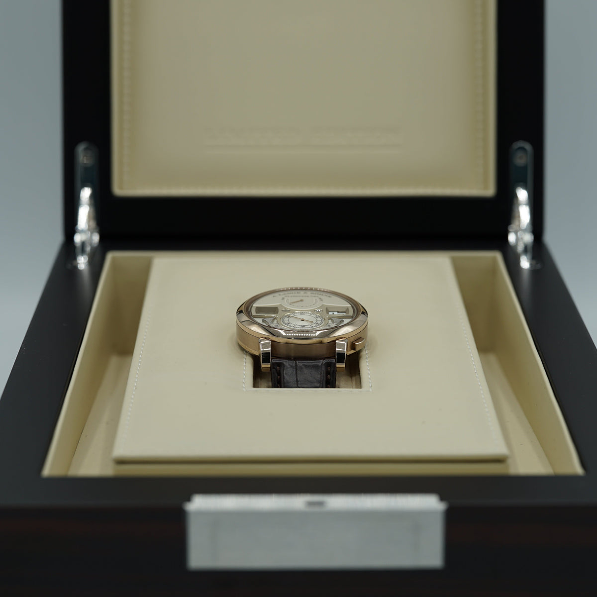 A. Lange & Sohne Zeitwerk Decimal Strike 44.2 mm Silver Dial 18k Honey Gold   Leather Strap 143.050 / LSLS1436AA - WATCHXNYC