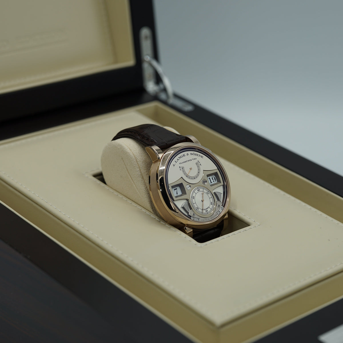 A. Lange & Sohne Zeitwerk Decimal Strike 44.2 mm Silver Dial 18k Honey Gold   Leather Strap 143.050 / LSLS1436AA - WATCHXNYC
