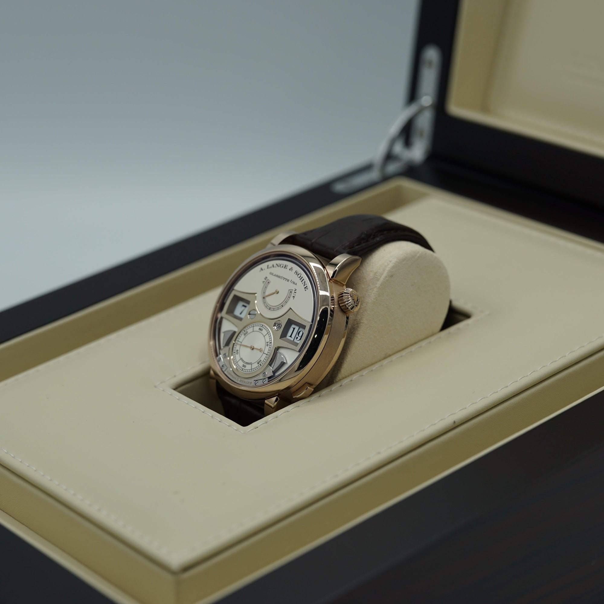 A. Lange &amp; Sohne Zeitwerk Decimal Strike 44.2 mm Silver Dial 18k Honey Gold   Leather Strap 143.050 / LSLS1436AA - WATCHXNYC