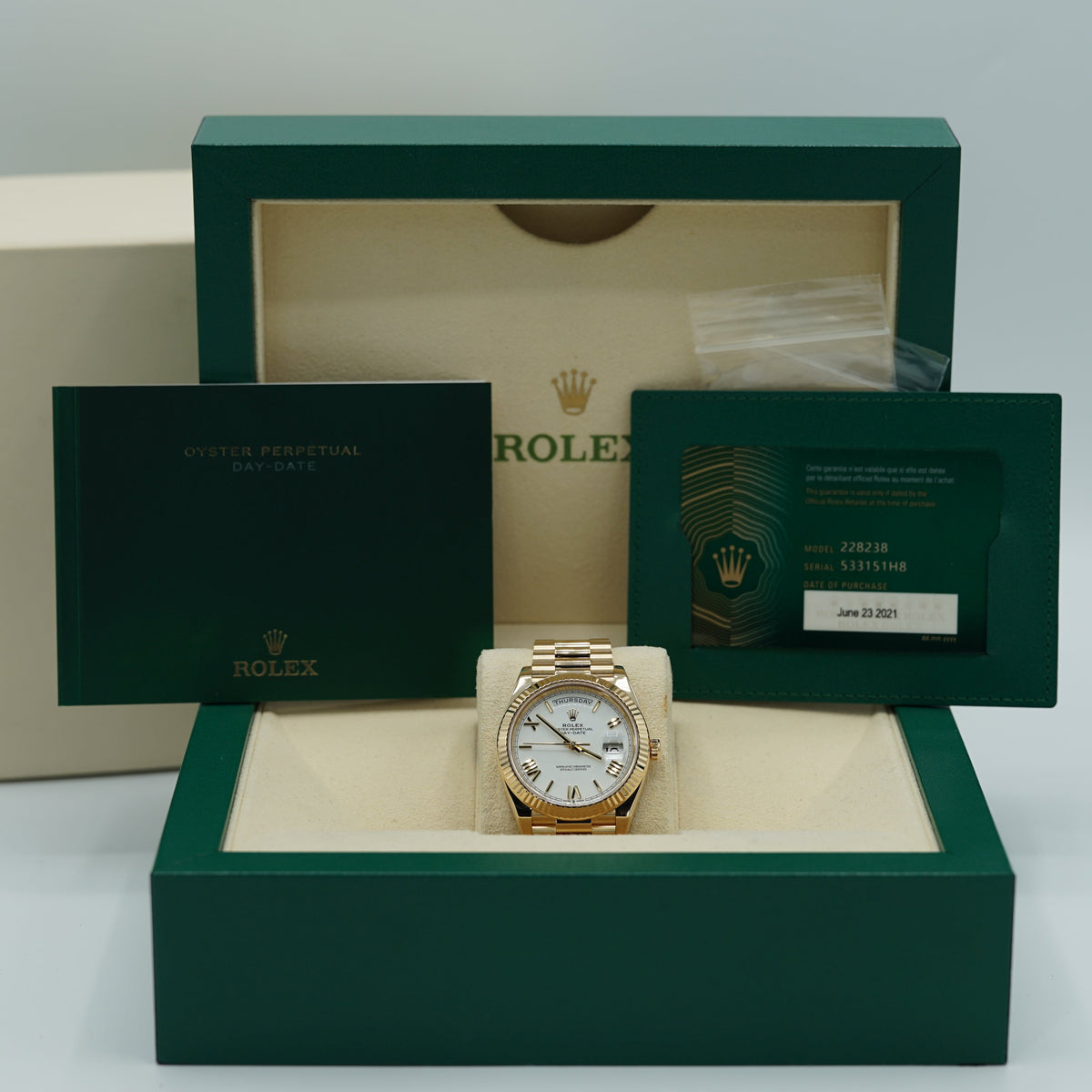 Rolex Day-Date 40 mm White Dial 18k Yellow Gold President Bracelet 228238-0042 - WATCHXNYC