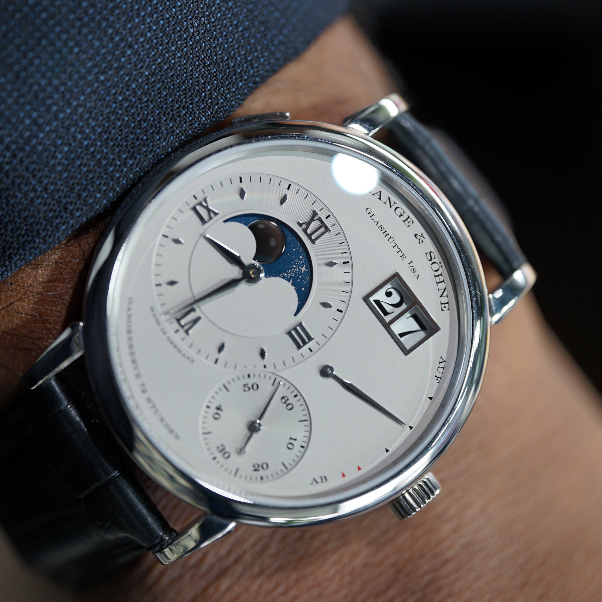 A. Lange &amp; Sohne GRAND LANGE 1 MOON PHASE 41 mm Silver Dial Platinum   Leather Strap 139.025 / LSLS1392AA - WATCHXNYC