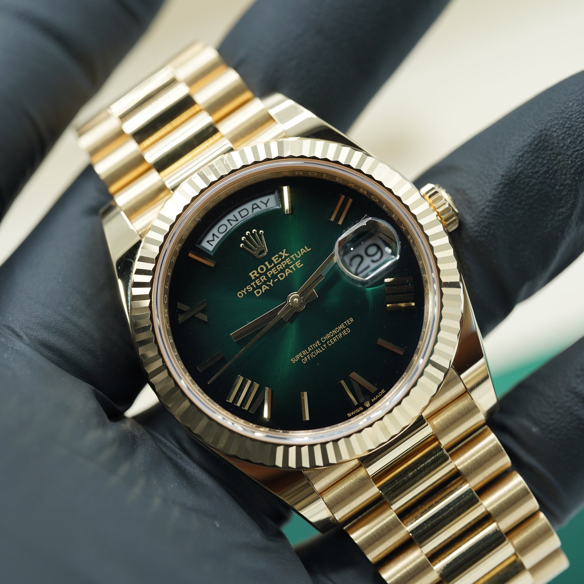 Rolex Day-Date 40 mm Green Ombré Dial 18k Yellow Gold President Bracelet 228238-0069 - WATCHXNYC