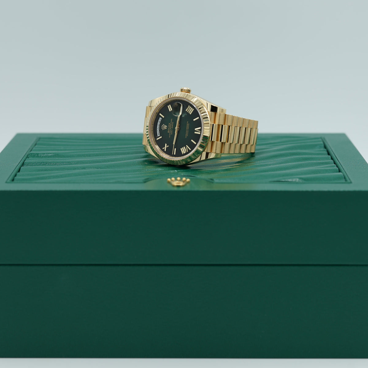 Rolex Day-Date 40 mm Green Ombré Dial 18k Yellow Gold President Bracelet 228238-0069 - WATCHXNYC