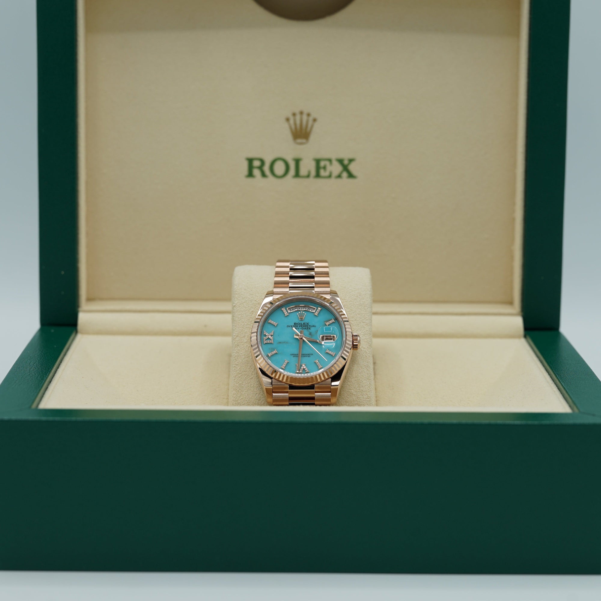 Rolex Day-Date 36 mm Turquoise Set With Diamonds Dial 18 kt Everose Gold President Bracelet 128345rbr-0064 - WATCHXNYC