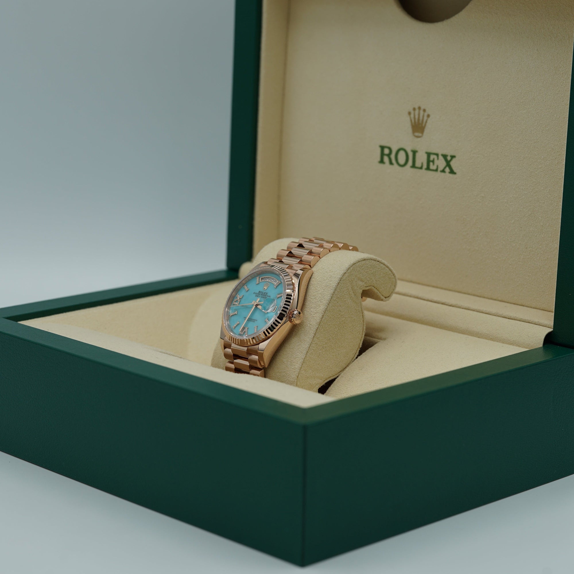 Rolex Day-Date 36 mm Turquoise Set With Diamonds Dial 18 kt Everose Gold President Bracelet 128345rbr-0064 - WATCHXNYC