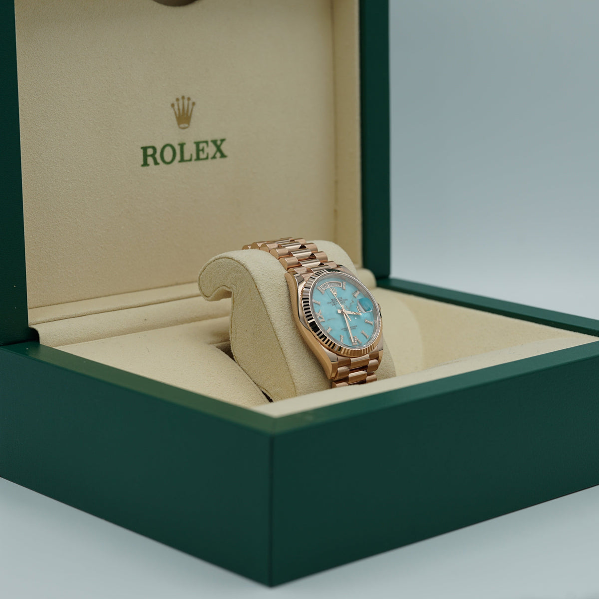 Rolex Day-Date 36 mm Turquoise Set With Diamonds Dial 18 kt Everose Gold President Bracelet 128345rbr-0064 - WATCHXNYC