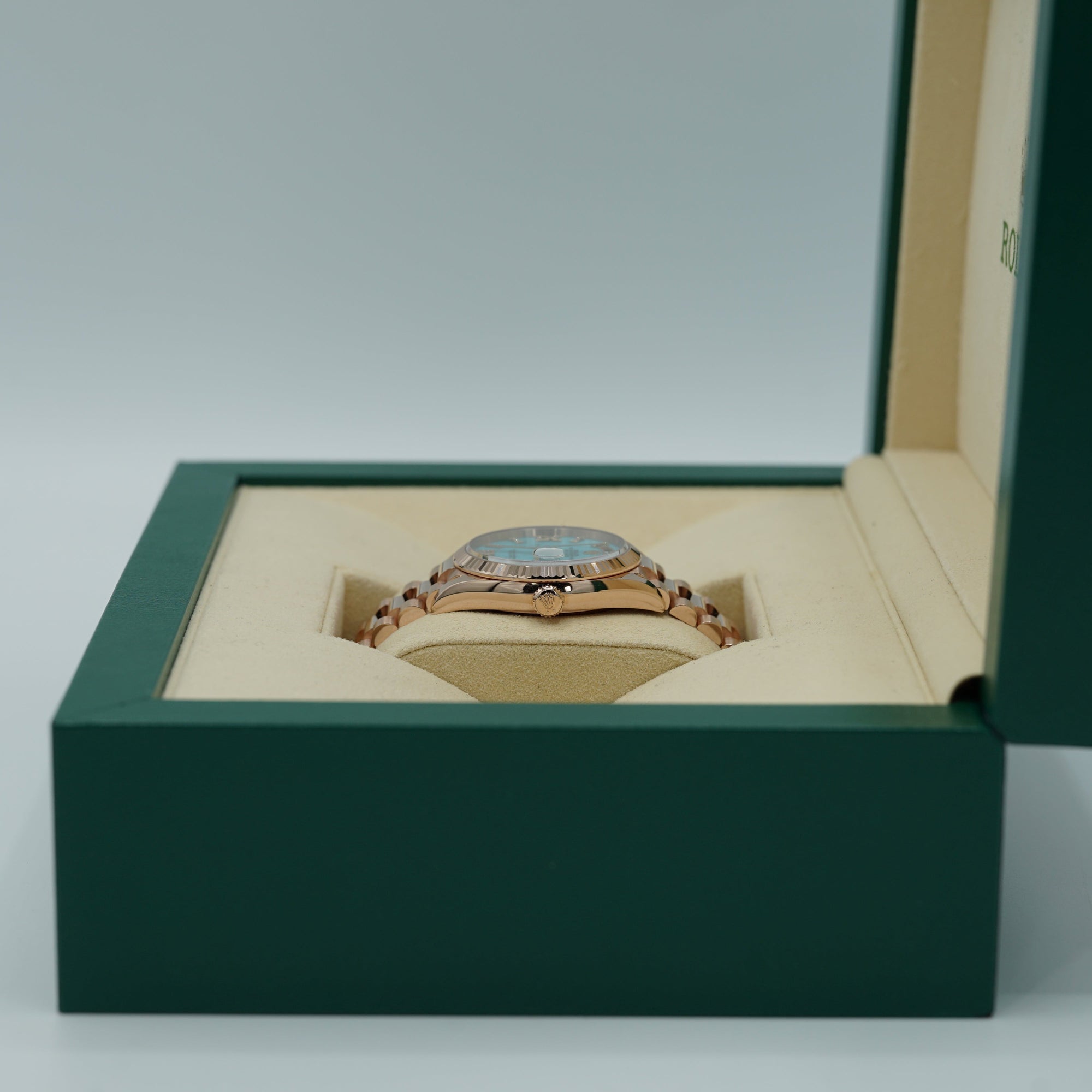 Rolex Day-Date 36 mm Turquoise Set With Diamonds Dial 18 kt Everose Gold President Bracelet 128345rbr-0064 - WATCHXNYC