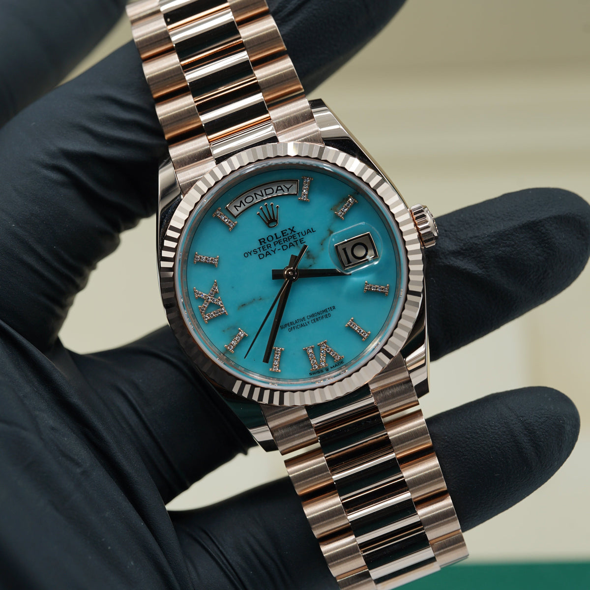 Rolex Day-Date 36 mm Turquoise Set With Diamonds Dial 18 kt Everose Gold President Bracelet 128345rbr-0064 - WATCHXNYC