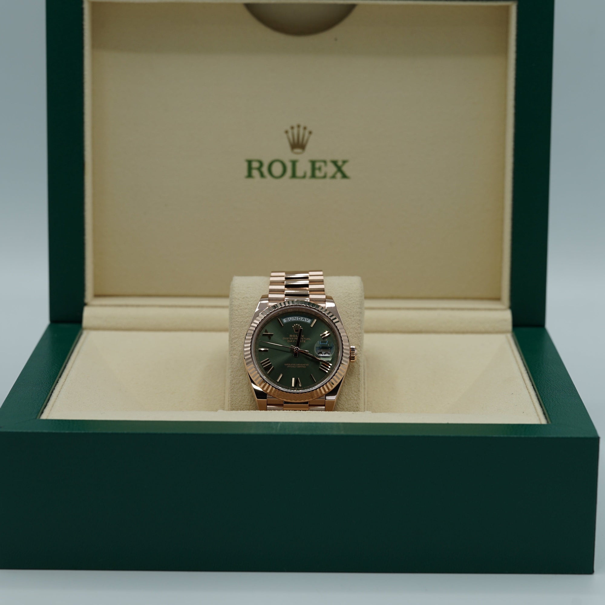 Rolex Oyster 40 mm Olive Green Dial 18 kt Everose Gold President, Semi-Circular Three-Piece Links 228235-0025 - WATCHXNYC