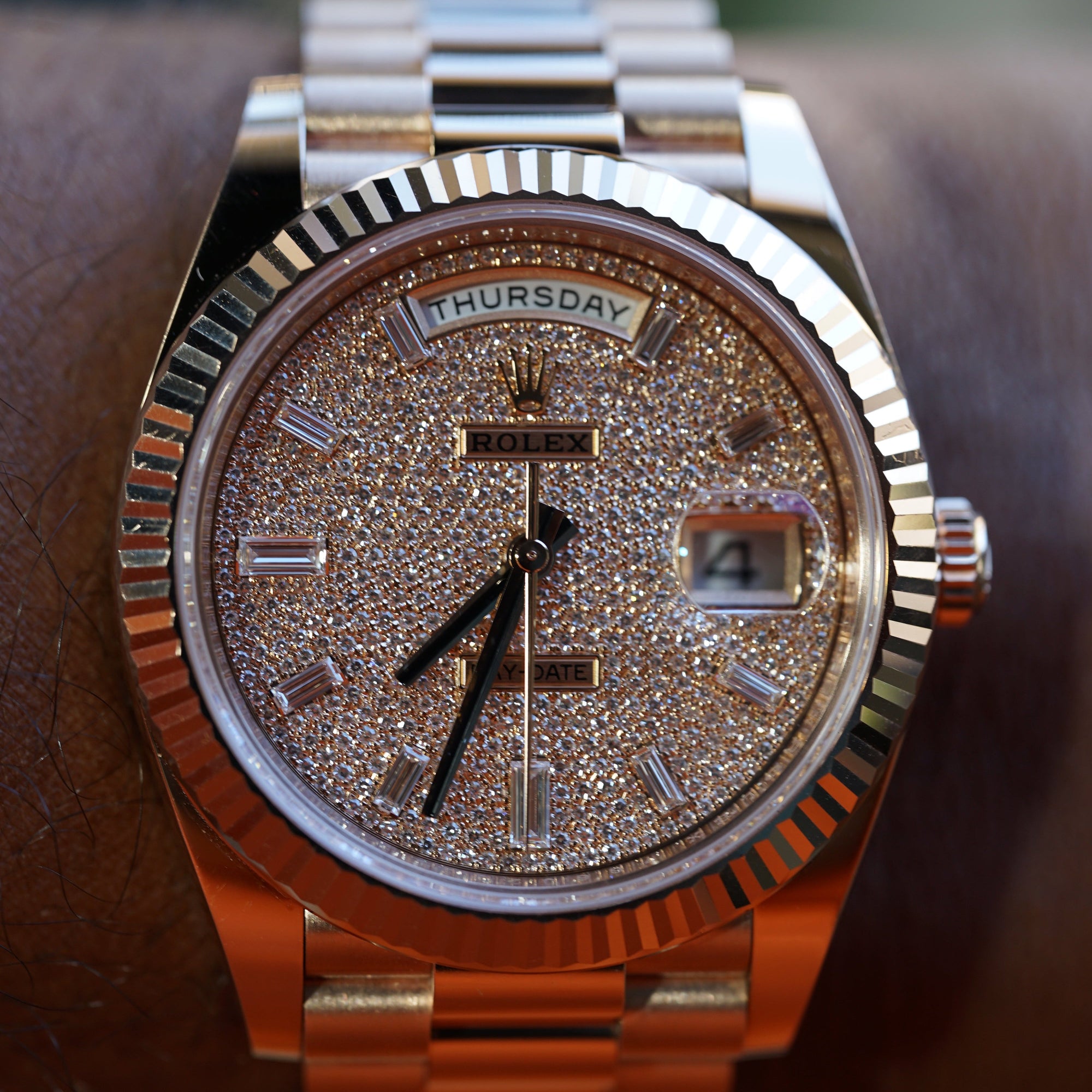 Rolex Oyster 40 mm Diamond-Paved Dial 18 kt Everose Gold President, Semi-Circular Three-Piece Links 228235-0036 - WATCHXNYC