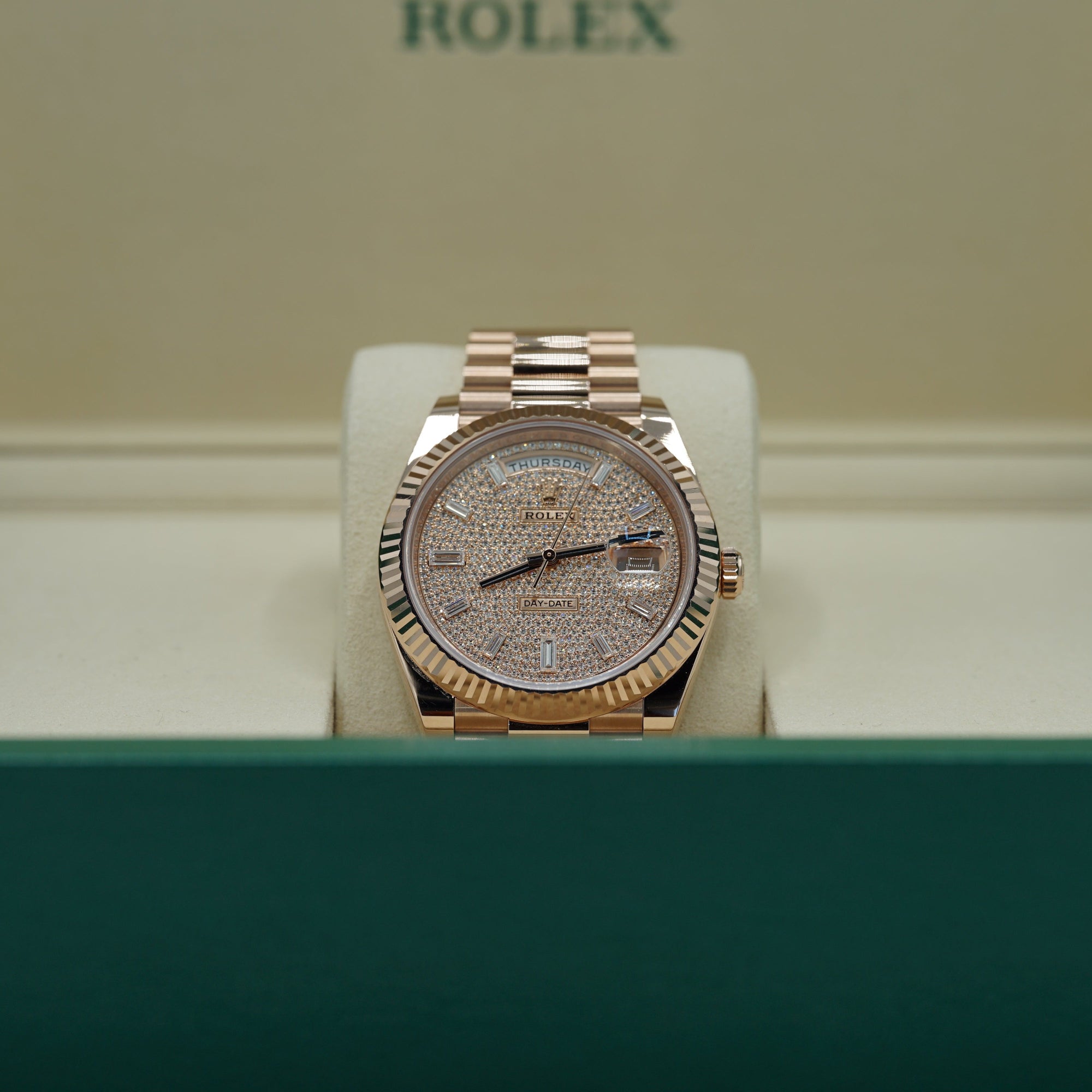 Rolex Oyster 40 mm Diamond-Paved Dial 18 kt Everose Gold President, Semi-Circular Three-Piece Links 228235-0036 - WATCHXNYC