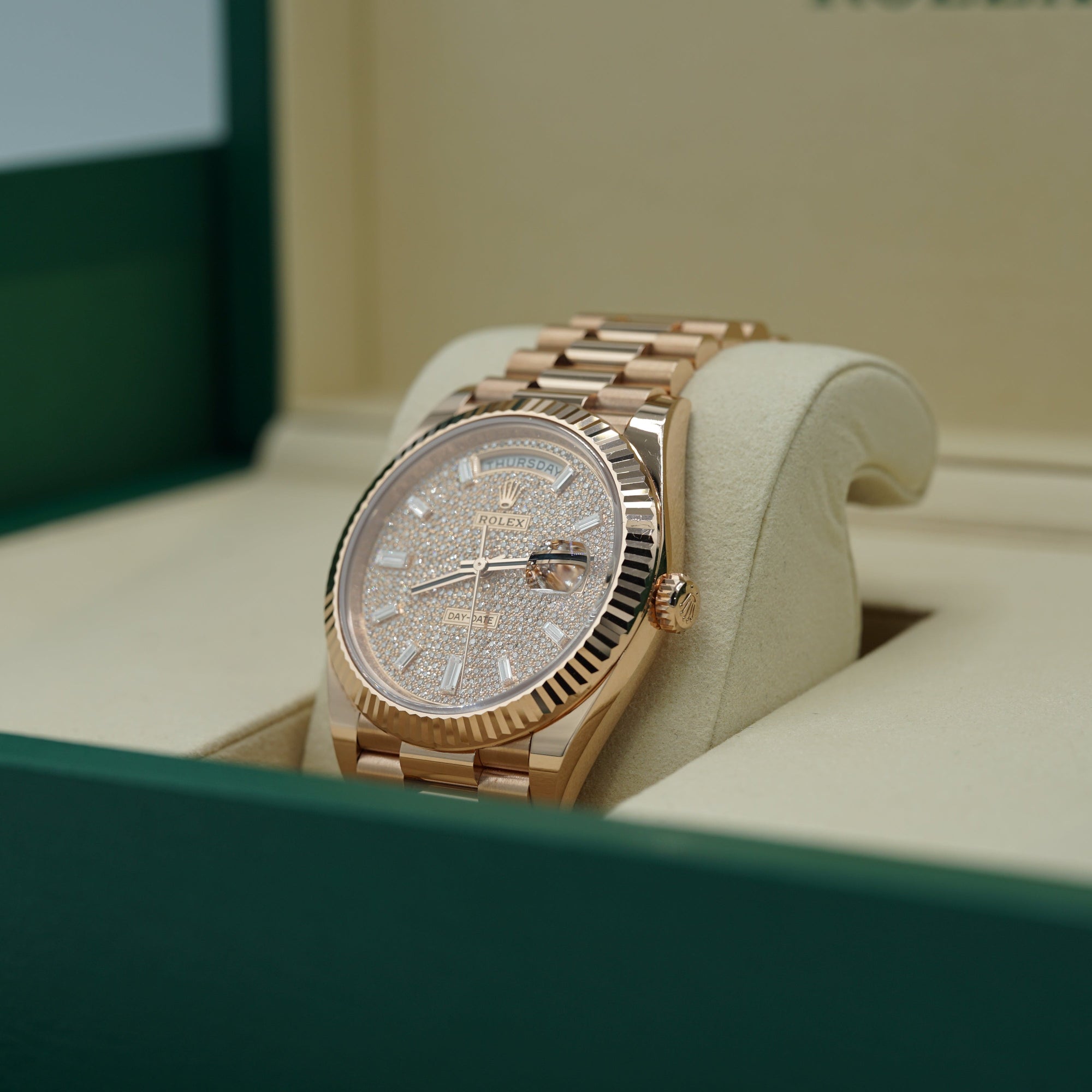 Rolex Oyster 40 mm Diamond-Paved Dial 18 kt Everose Gold President, Semi-Circular Three-Piece Links 228235-0036 - WATCHXNYC