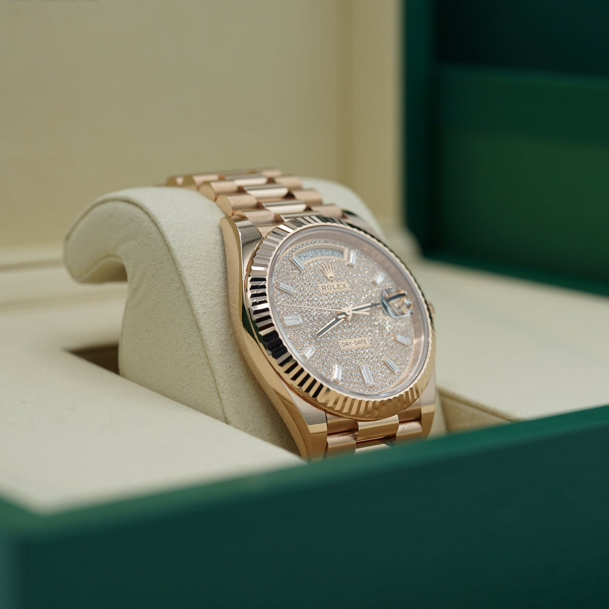 Rolex Oyster 40 mm Diamond-Paved Dial 18 kt Everose Gold President, Semi-Circular Three-Piece Links 228235-0036 - WATCHXNYC