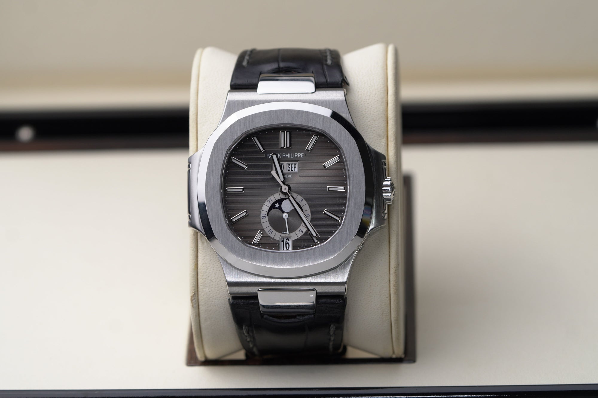 Patek Philippe Nautilus 40.5 mm Black Dial Stainless Steel   Leather Strap 5726A-001 - WATCHXNYC