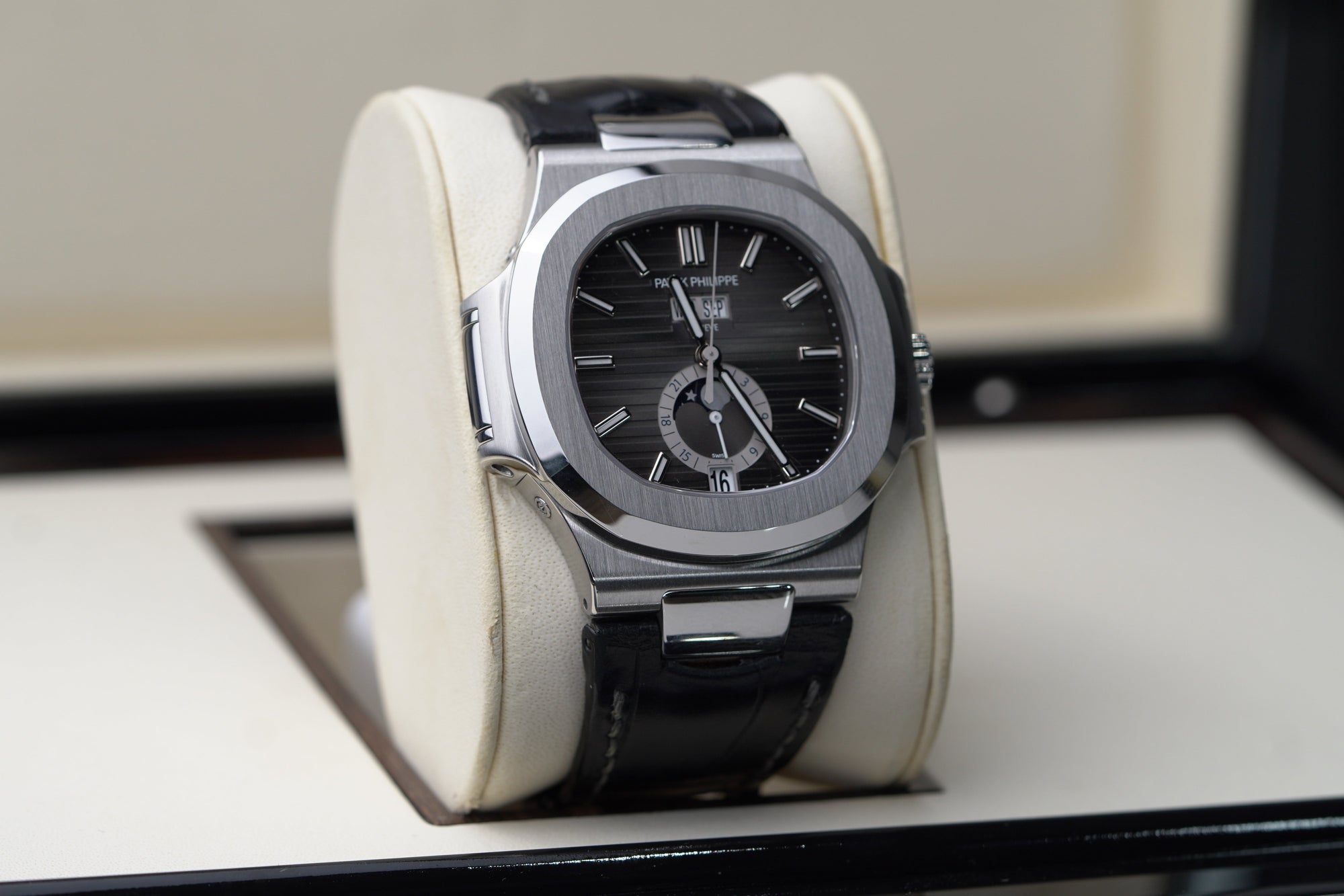 Patek Philippe Nautilus 40.5 mm Black Dial Stainless Steel   Leather Strap 5726A-001 - WATCHXNYC