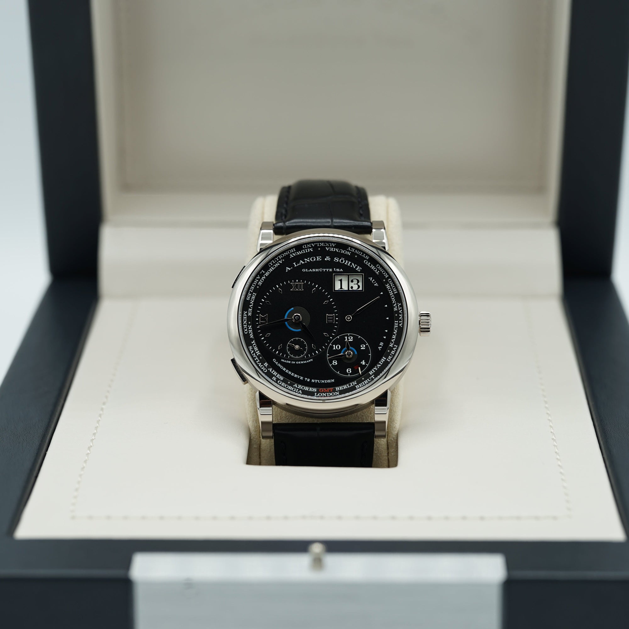 A. Lange & Sohne LANGE 1 TIME ZONE 41.9 mm Black Dial 18K White Gold   Leather Strap 136.029 / LSLS1363AG - WATCHXNYC
