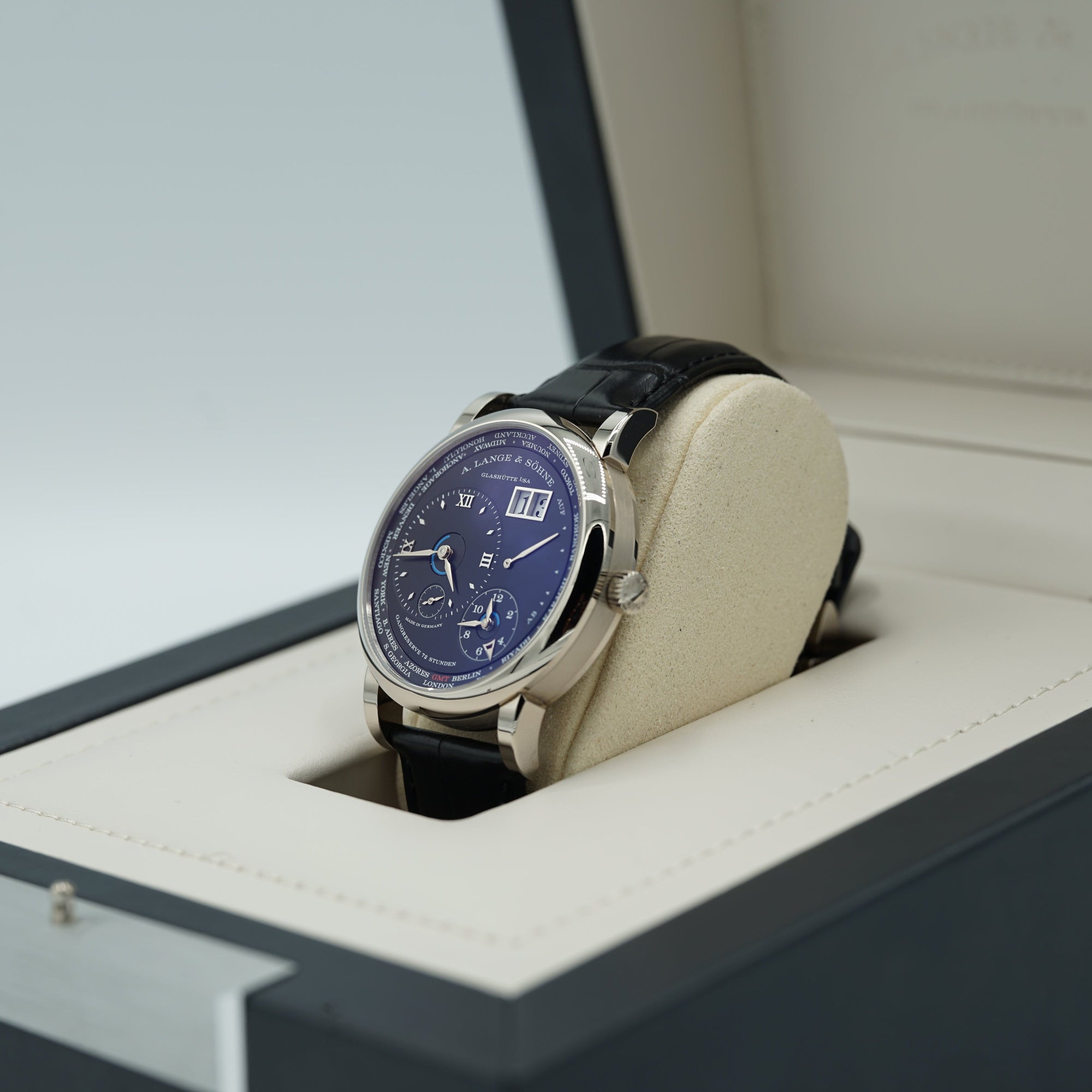 A. Lange & Sohne LANGE 1 TIME ZONE 41.9 mm Black Dial 18K White Gold   Leather Strap 136.029 / LSLS1363AG - WATCHXNYC