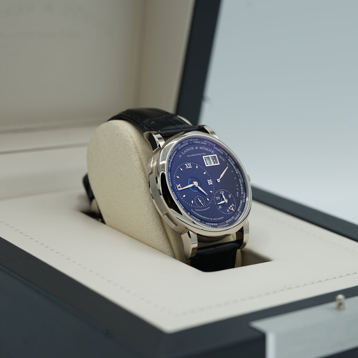A. Lange & Sohne LANGE 1 TIME ZONE 41.9 mm Black Dial 18K White Gold   Leather Strap 136.029 / LSLS1363AG - WATCHXNYC