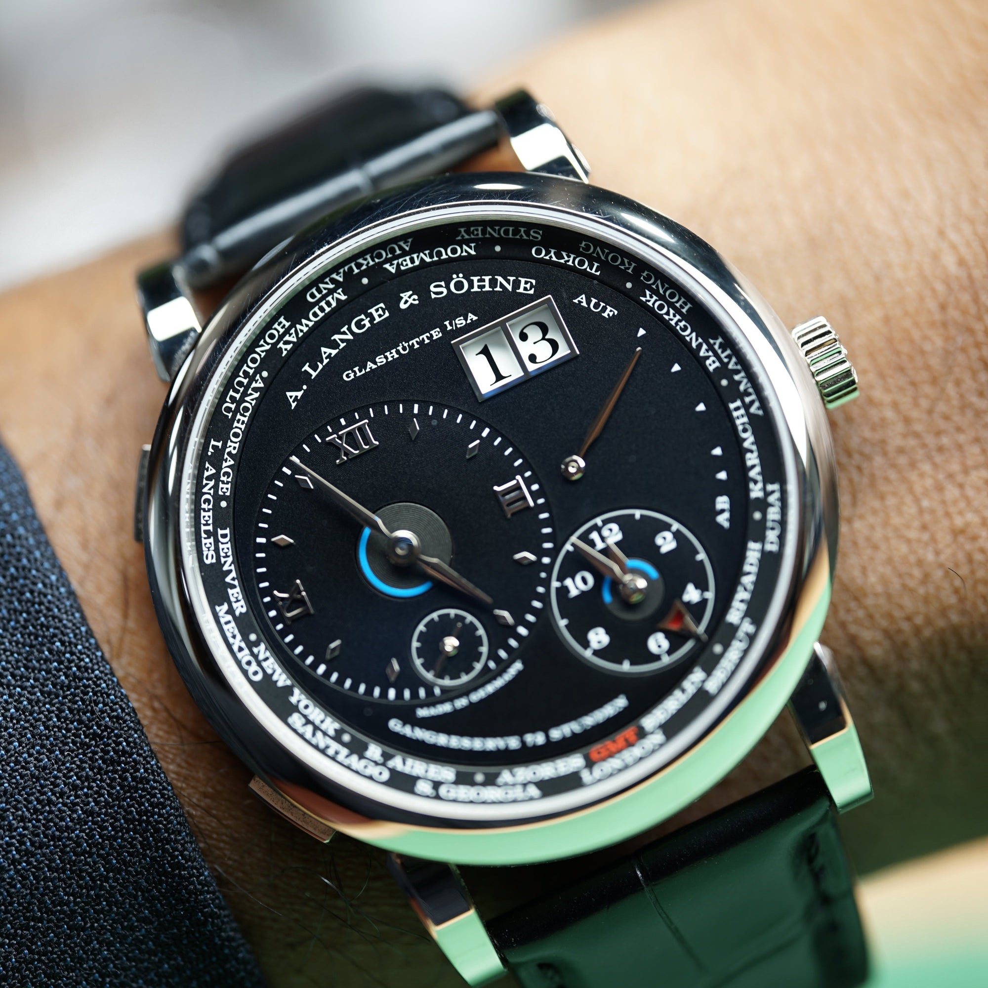A. Lange &amp; Sohne LANGE 1 TIME ZONE 41.9 mm Black Dial 18K White Gold   Leather Strap 136.029 / LSLS1363AG - WATCHXNYC