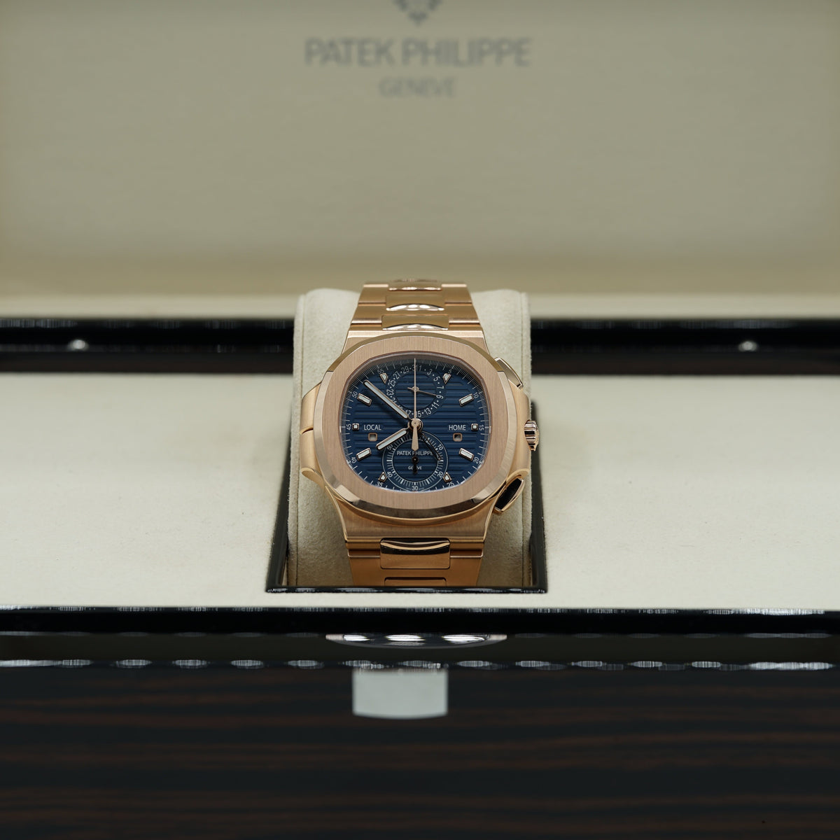 Patek Philippe Flyback Chronograph Travel Time Sunburst  Blue &amp; Gold Dial Rose Gold Case/Bracelet 40.5mm 5990-1R-001 - WATCHXNYC