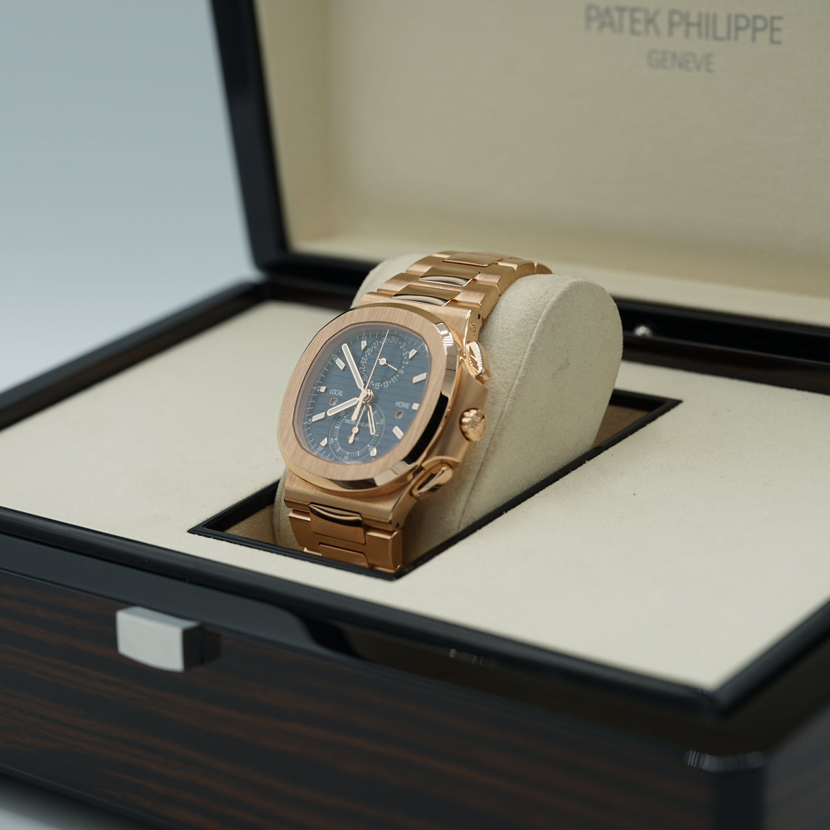 Patek Philippe Flyback Chronograph Travel Time Sunburst  Blue &amp; Gold Dial Rose Gold Case/Bracelet 40.5mm 5990-1R-001 - WATCHXNYC