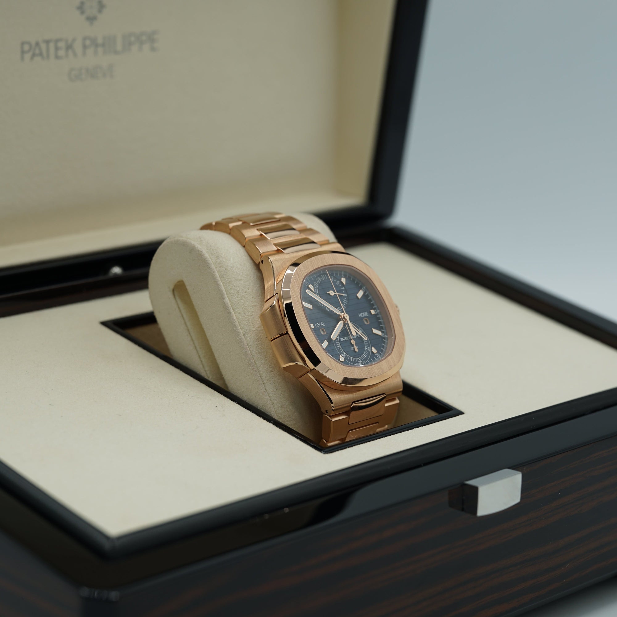 Patek Philippe Flyback Chronograph Travel Time Sunburst  Blue &amp; Gold Dial Rose Gold Case/Bracelet 40.5mm 5990-1R-001 - WATCHXNYC