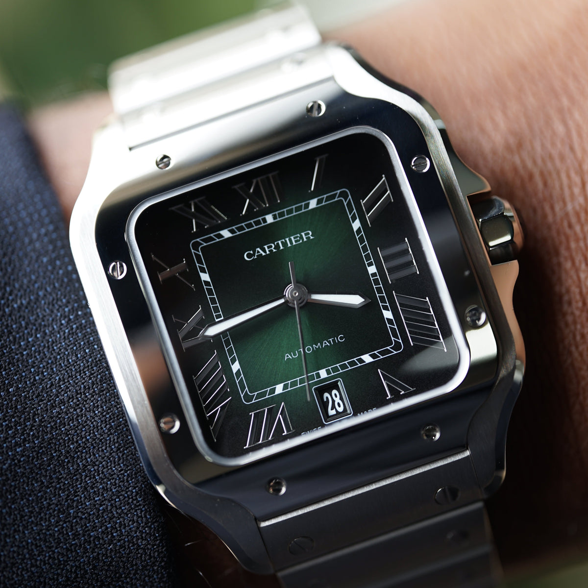 Cartier Santos Large 47.5 mm x 39.8 mm Green Dial Steel Bracelet WSSA0062 - WATCHXNYC