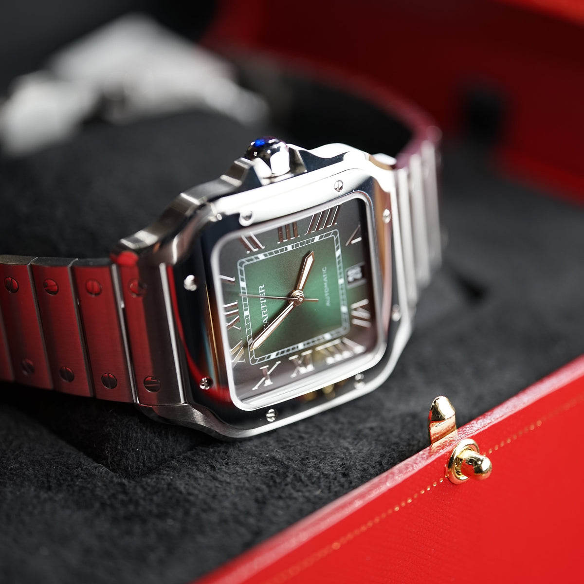 Cartier Santos Large 47.5 mm x 39.8 mm Green Dial Steel Bracelet WSSA0062 - WATCHXNYC