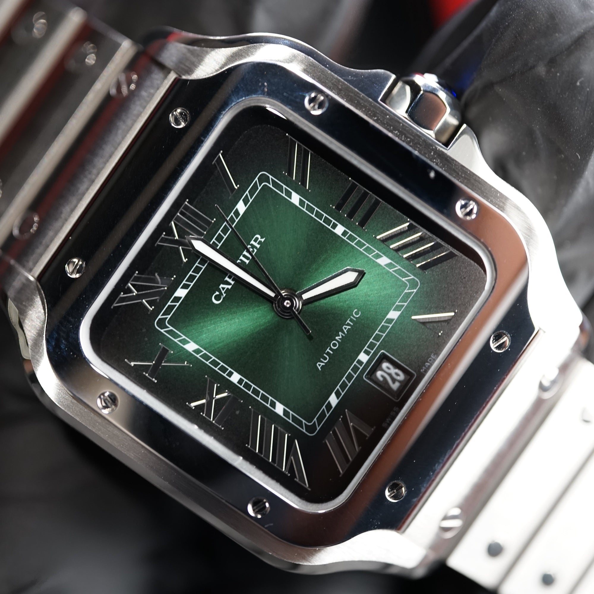 Cartier Santos Large 47.5 mm x 39.8 mm Green Dial Steel Bracelet WSSA0062 - WATCHXNYC