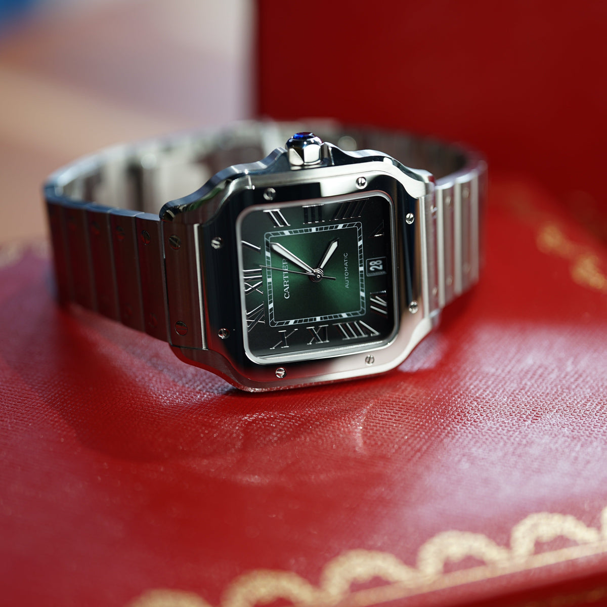 Cartier Santos Large 47.5 mm x 39.8 mm Green Dial Steel Bracelet WSSA0062 - WATCHXNYC