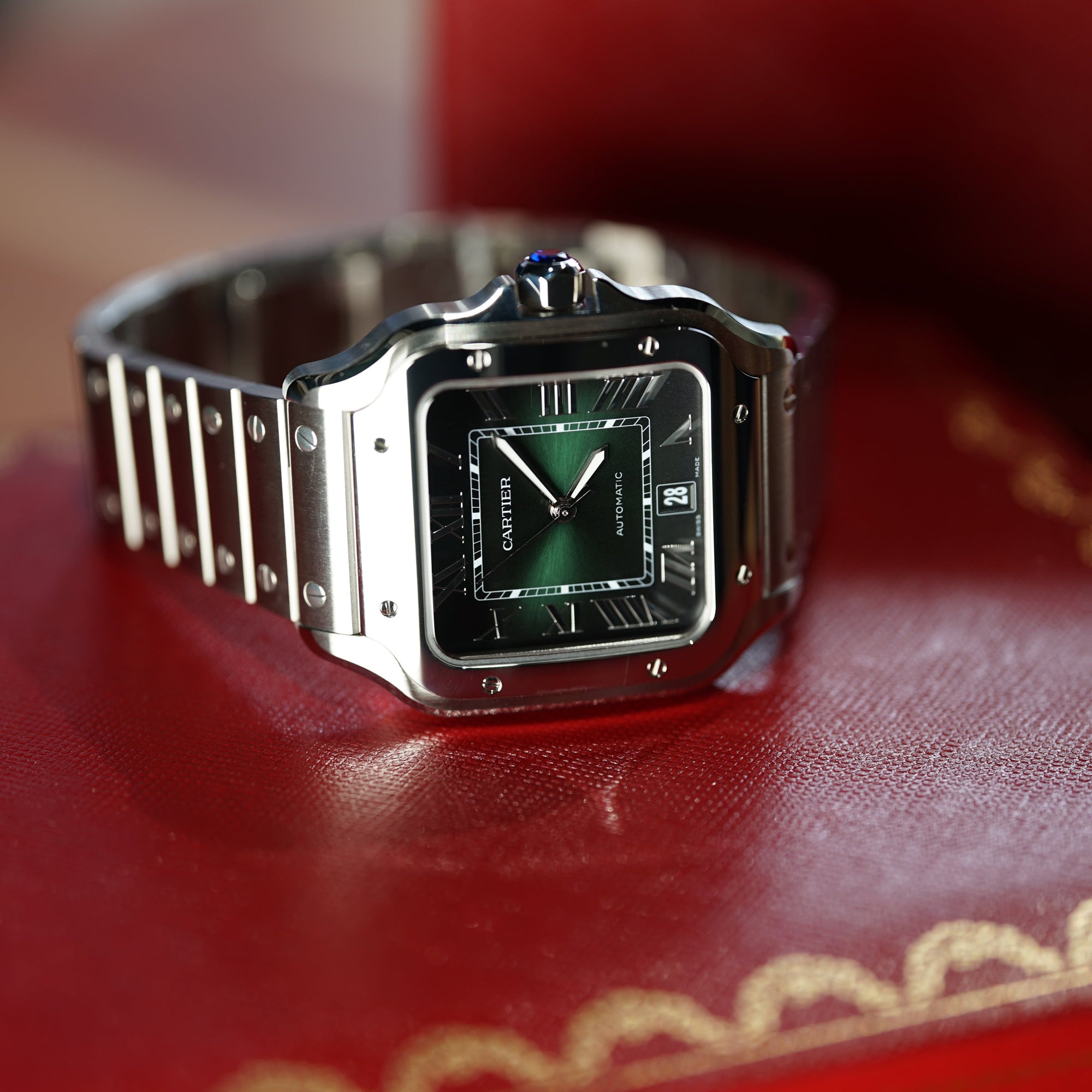Cartier Santos Large 47.5 mm x 39.8 mm Green Dial Steel Bracelet WSSA0062 - WATCHXNYC