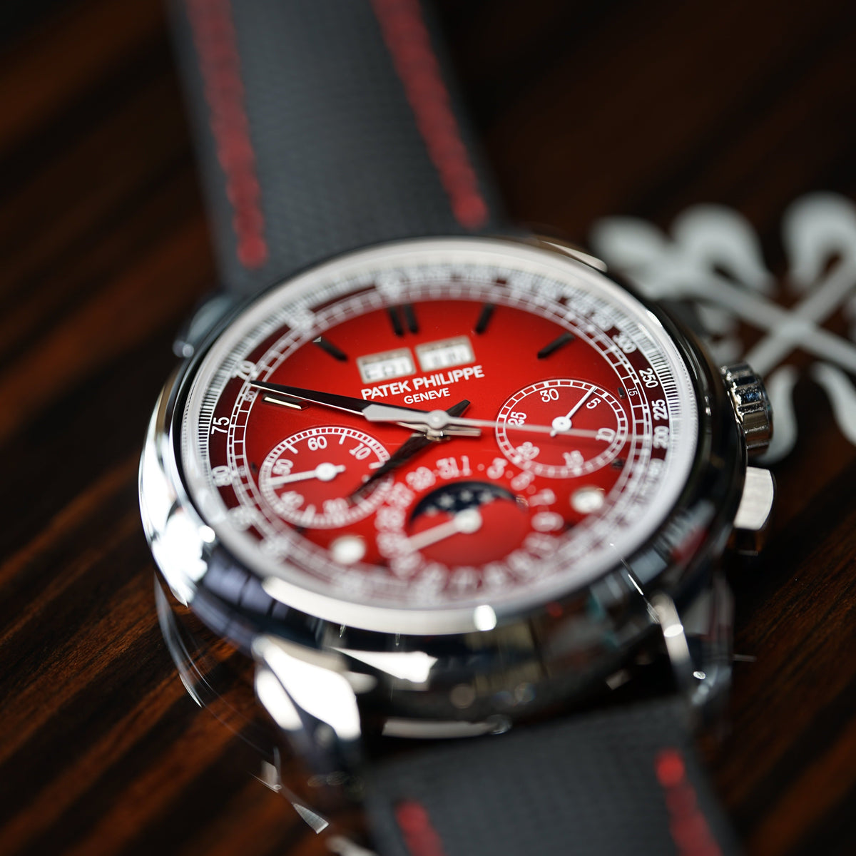 Patek Phillippe Grand Complications Chronograph 41mm Red Dial Platinum Fabric Strap 5270P-017 - WATCHXNYC