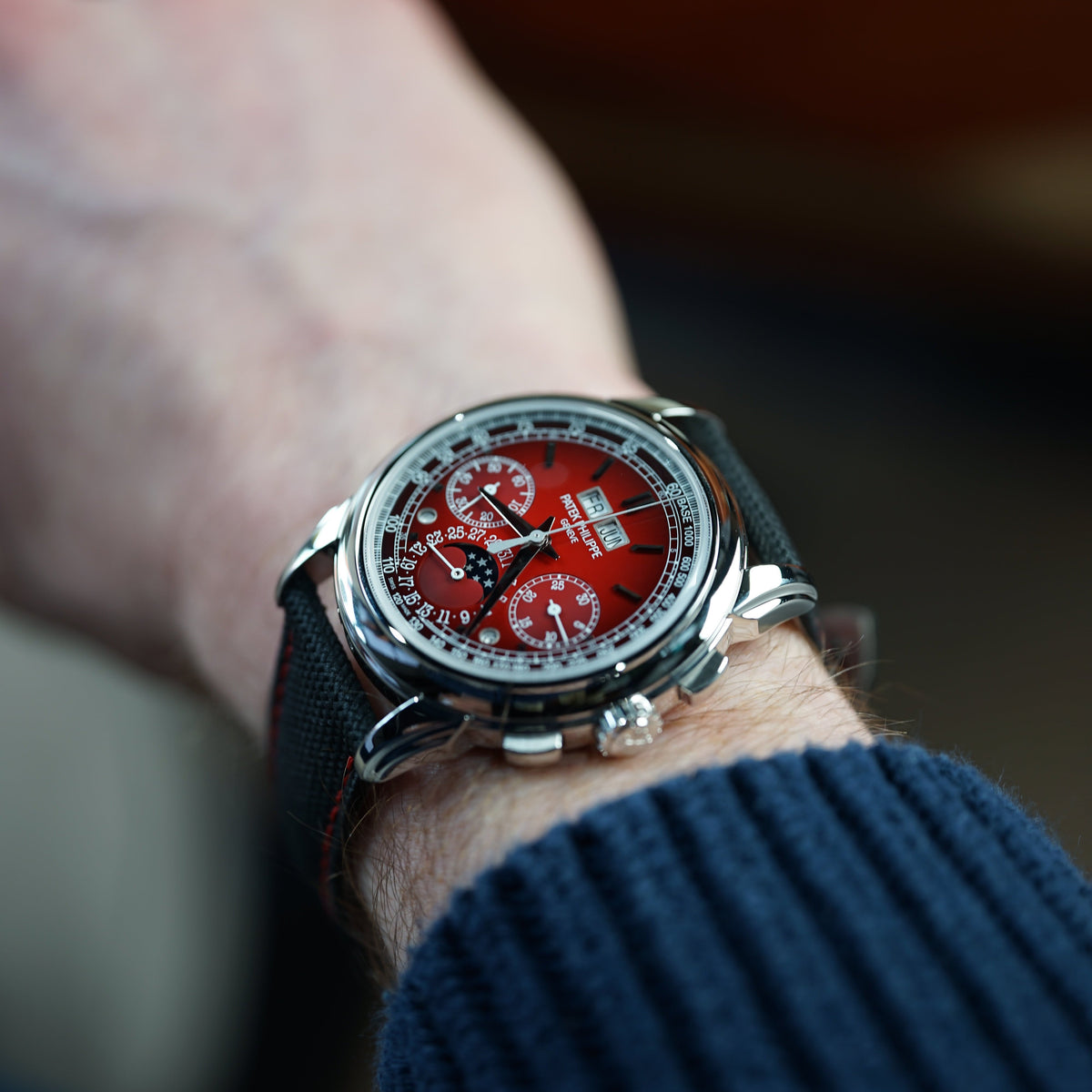 Patek Phillippe Grand Complications Chronograph 41mm Red Dial Platinum Fabric Strap 5270P-017 - WATCHXNYC