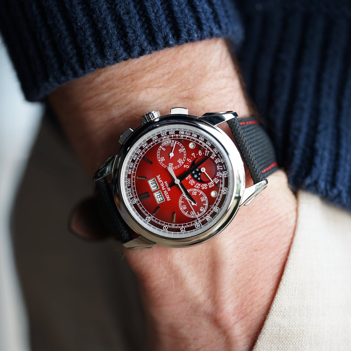 Patek Phillippe Grand Complications Chronograph 41mm Red Dial Platinum Fabric Strap 5270P-017 - WATCHXNYC