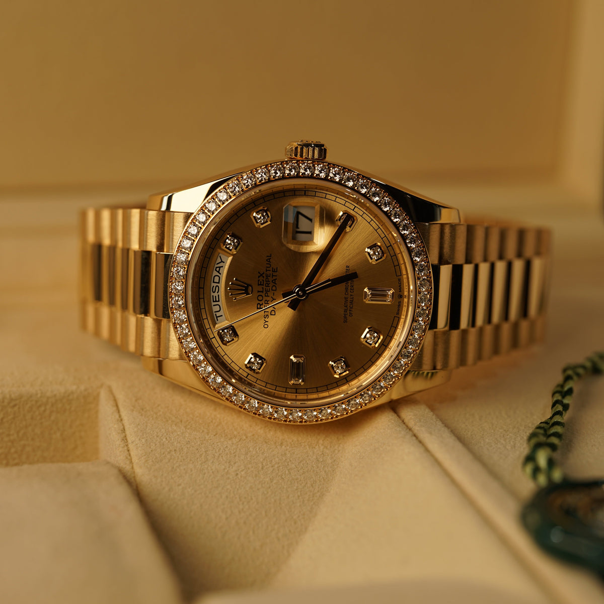 Rolex Day-Date 36 mm Champagne-Colour Set With Diamonds Dial 18k Yellow Gold President Bracelet 128348rbr-0080 - WATCHXNYC