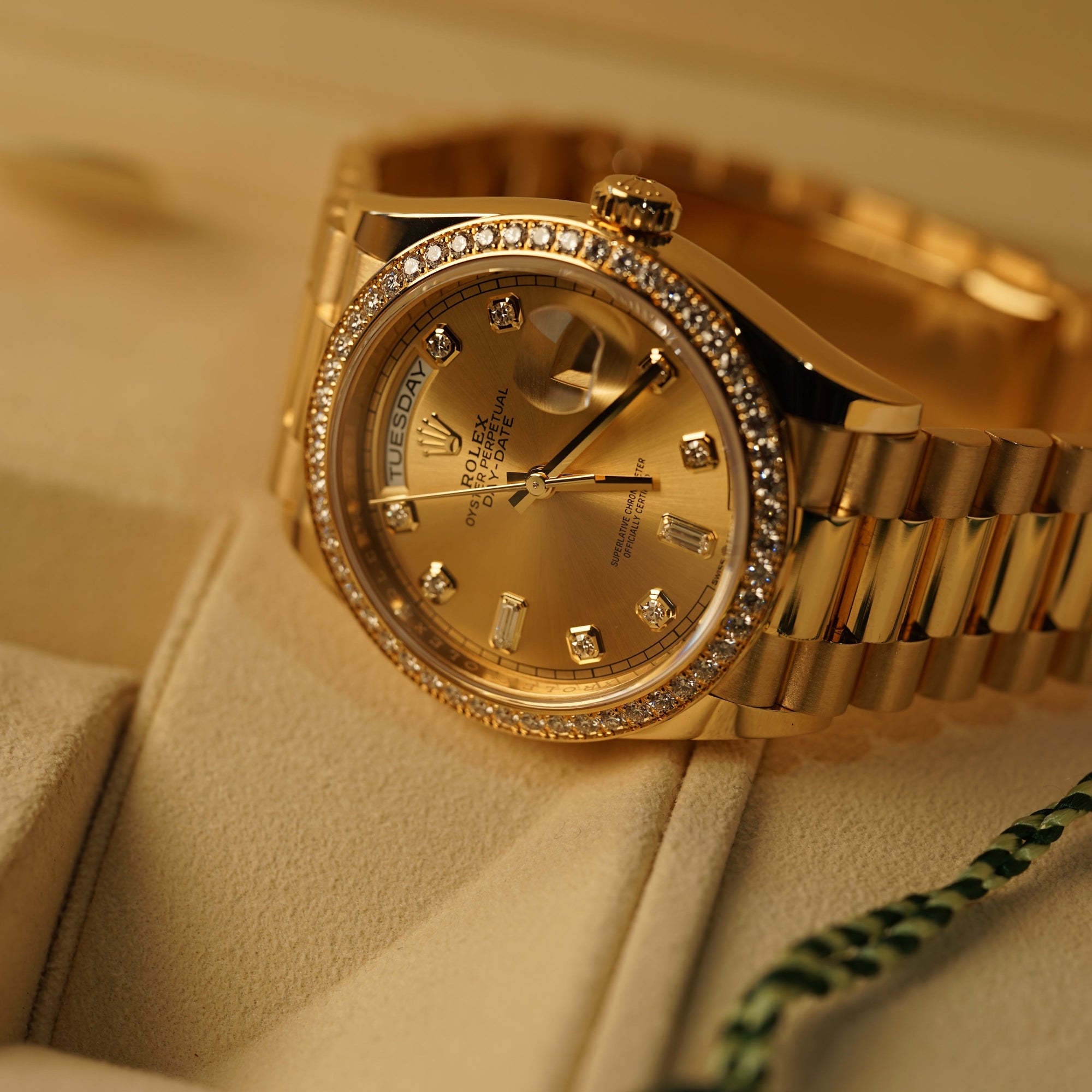 Rolex Day-Date 36 mm Champagne-Colour Set With Diamonds Dial 18k Yellow Gold President Bracelet 128348rbr-0080 - WATCHXNYC