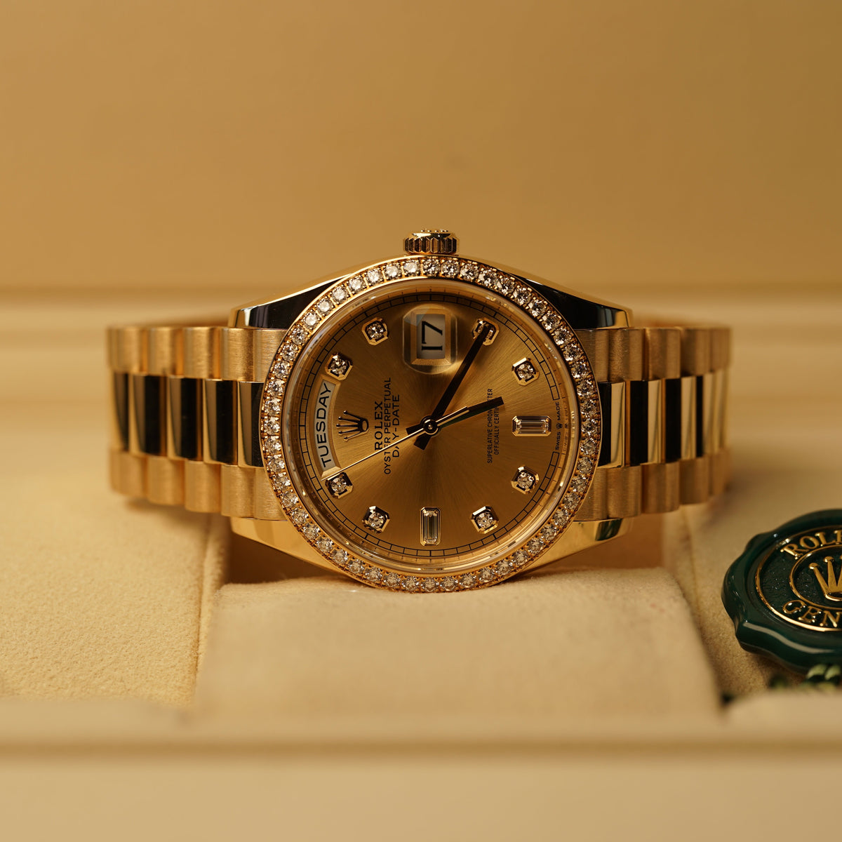 Rolex Day-Date 36 mm Champagne-Colour Set With Diamonds Dial 18k Yellow Gold President Bracelet 128348rbr-0080 - WATCHXNYC