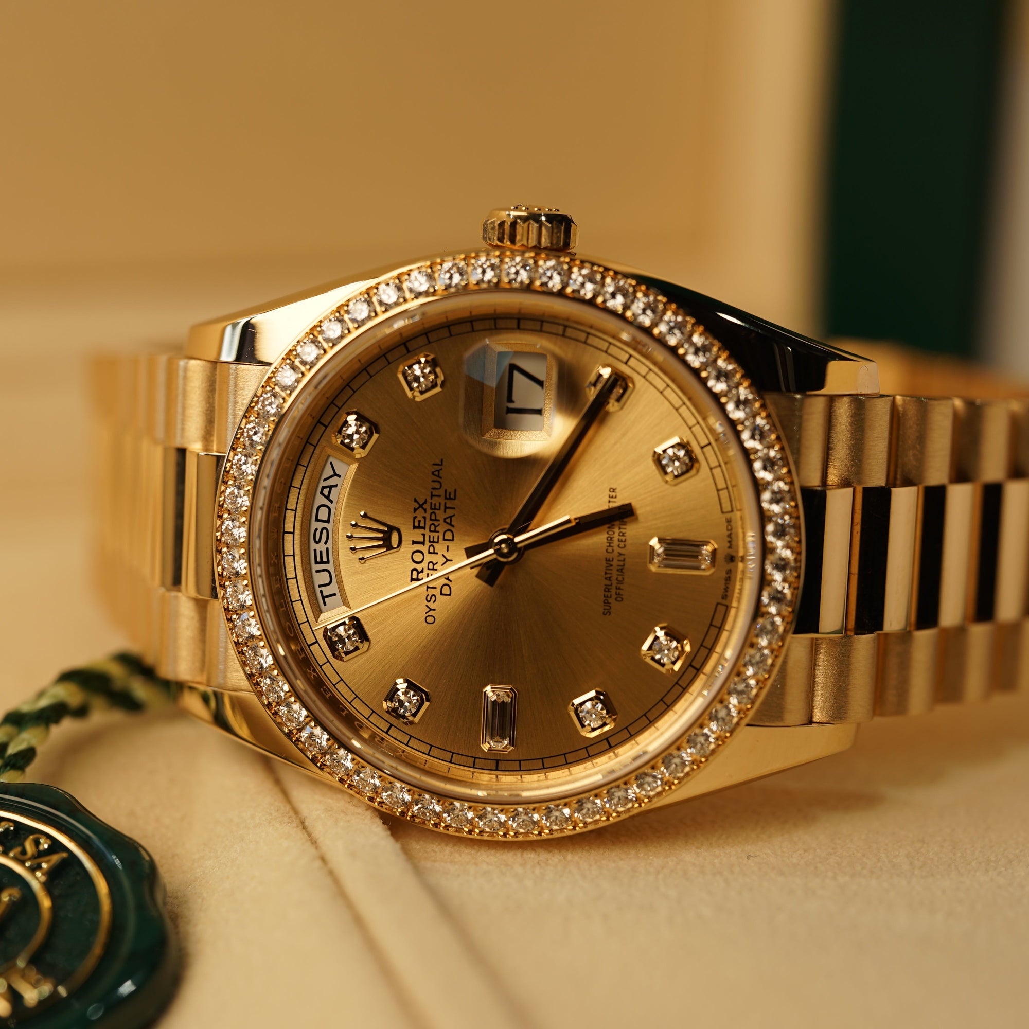 Rolex Day-Date 36 mm Champagne-Colour Set With Diamonds Dial 18k Yellow Gold President Bracelet 128348rbr-0080 - WATCHXNYC