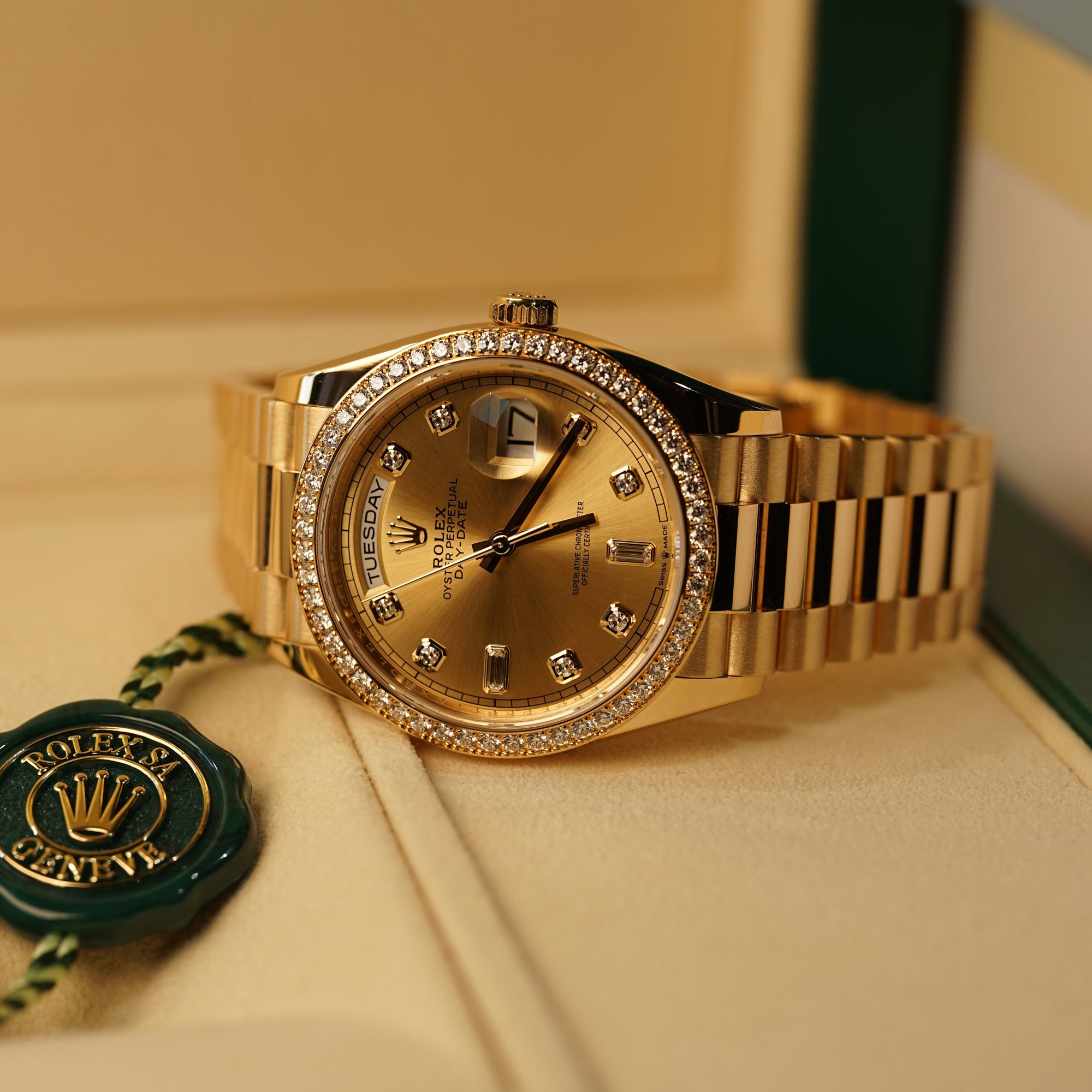 Rolex Day-Date 36 mm Champagne-Colour Set With Diamonds Dial 18k Yellow Gold President Bracelet 128348rbr-0080 - WATCHXNYC