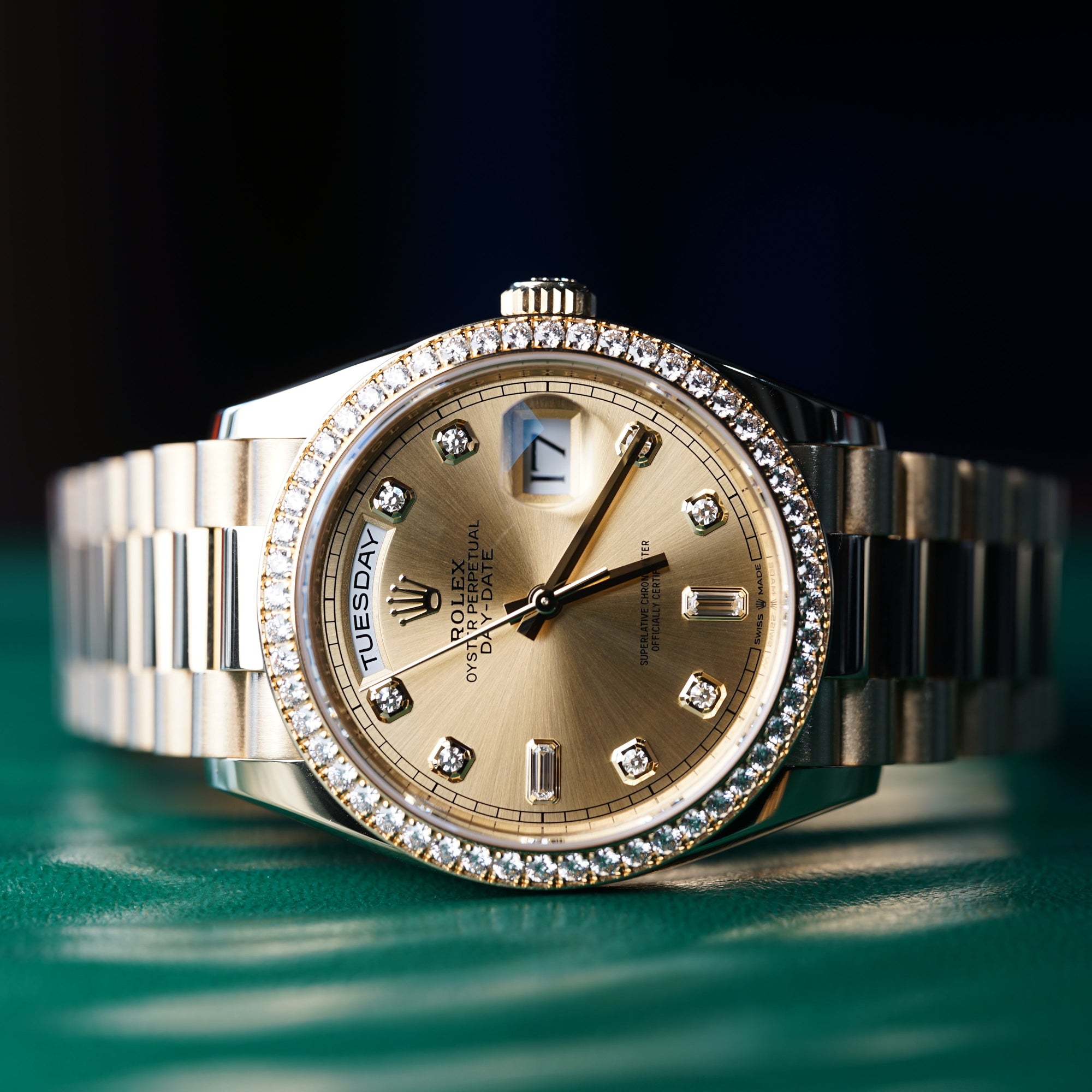 Rolex Day-Date 36 mm Champagne-Colour Set With Diamonds Dial 18k Yellow Gold President Bracelet 128348rbr-0080 - WATCHXNYC